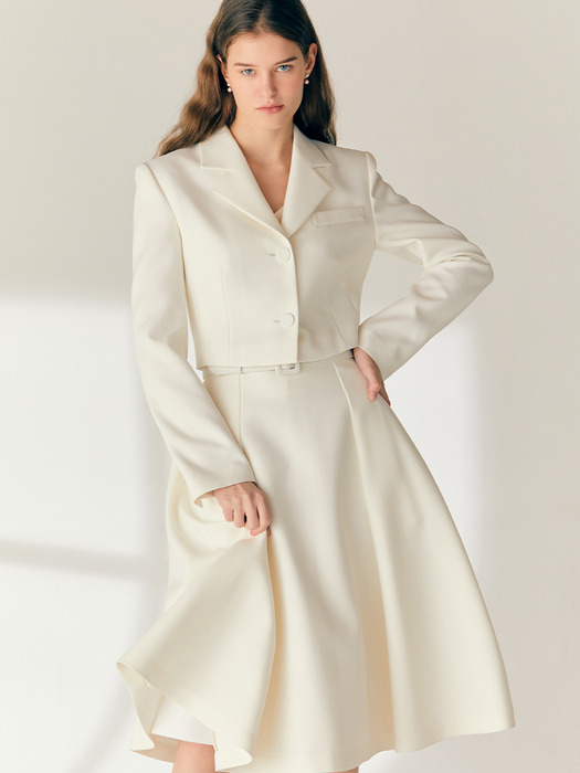 [SET]ARIANA Notched collar tailored cropped jacket + MARISSA Tuck detailed midi skirt (Cream/Light beige)