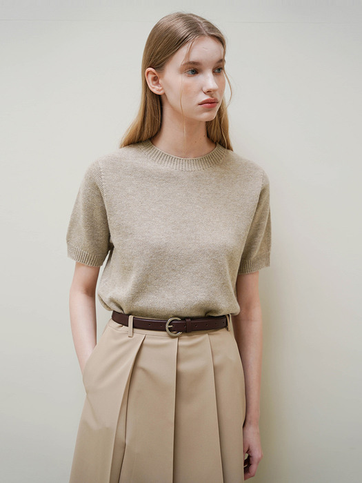 ARI CASHMERE WOOL HALF SLEEVE ROUND NECK KNIT (BEIGE)