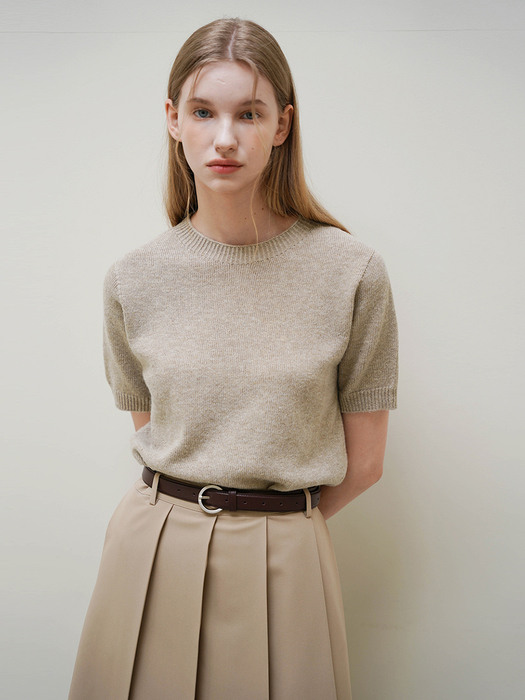 ARI CASHMERE WOOL HALF SLEEVE ROUND NECK KNIT (BEIGE)