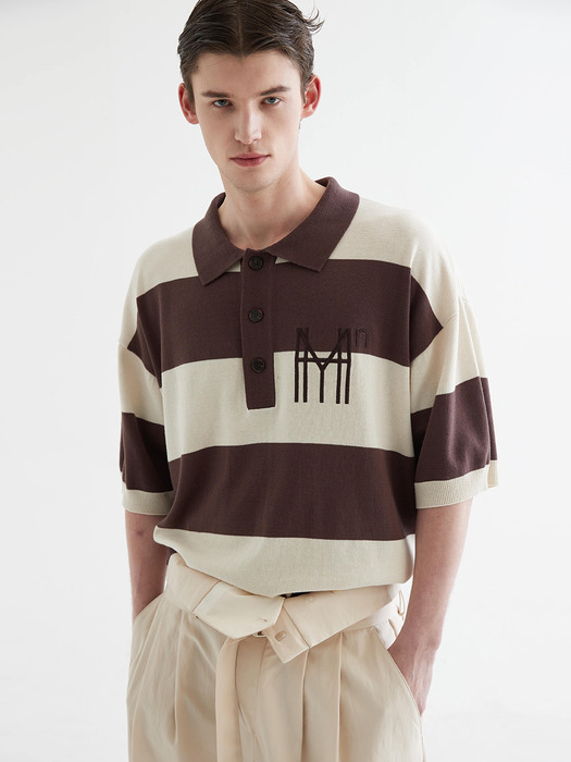 [UNISEX] PK Collar Striped Knit Sweater Brown