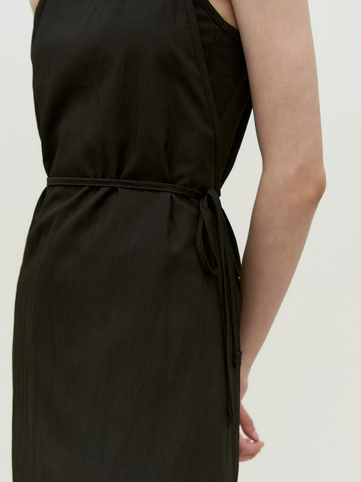 Nylon layered long dress - black