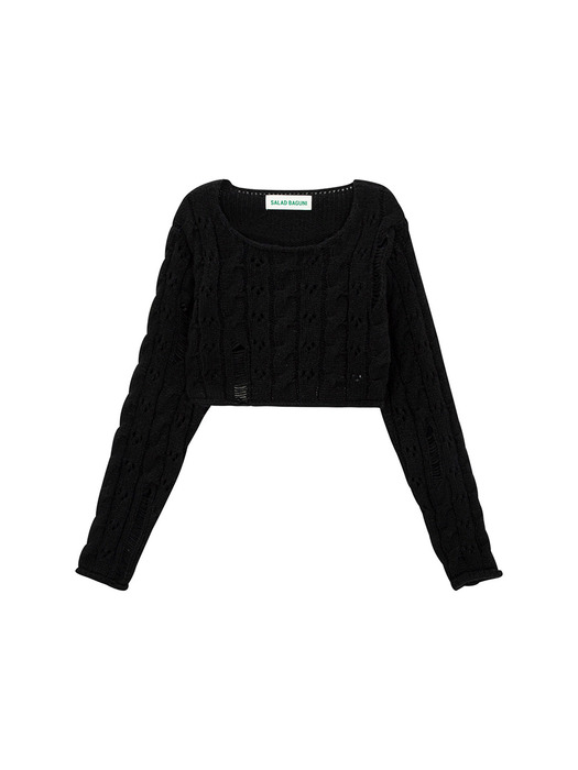 Damaged Cable Cropped Pullover_black