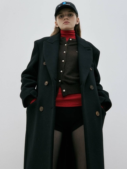 DOUBLE BREASTED WOOL LONG COAT / BLACK