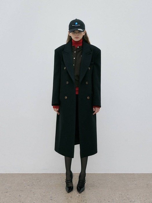 DOUBLE BREASTED WOOL LONG COAT / BLACK