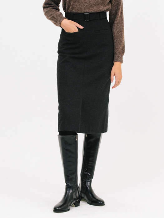 belted wool H-line skirt_black