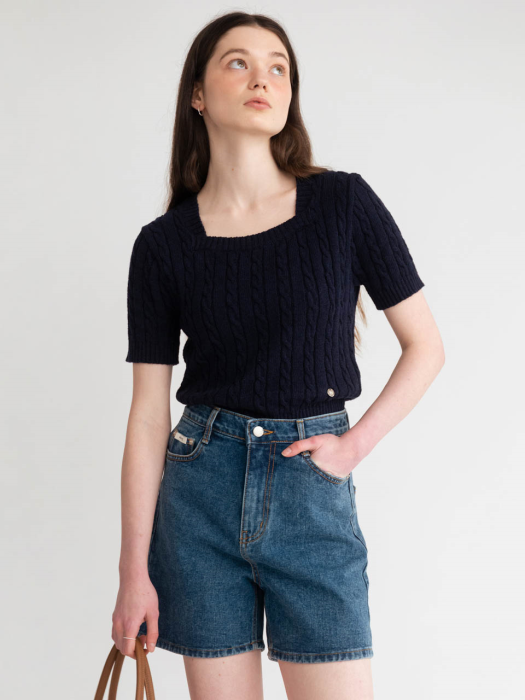 A SQUARE NECK CABLE HALF KNIT_NAVY