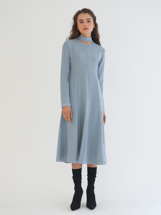 NECK SLIT JERSEY DRESS / BLUE