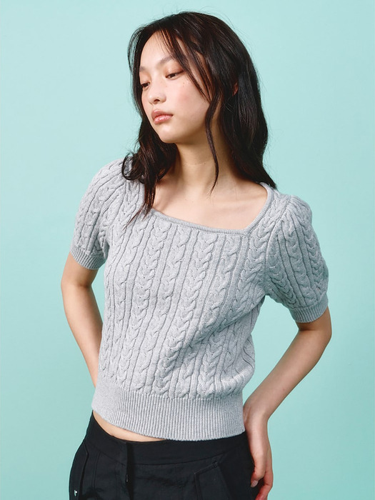 Puff Short Sleeve Cable Knit Pullover  Light Grey (KE4151M012)