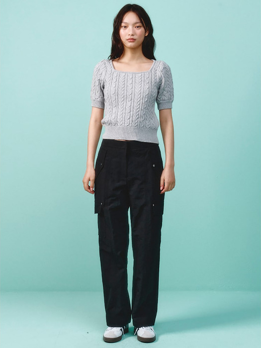 Puff Short Sleeve Cable Knit Pullover  Light Grey (KE4151M012)