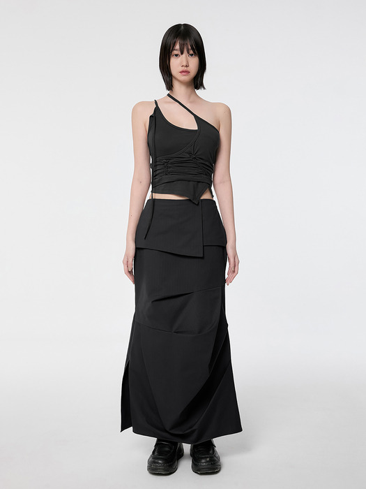 Drape Layered Maxi Skirt (FL-238_Black)