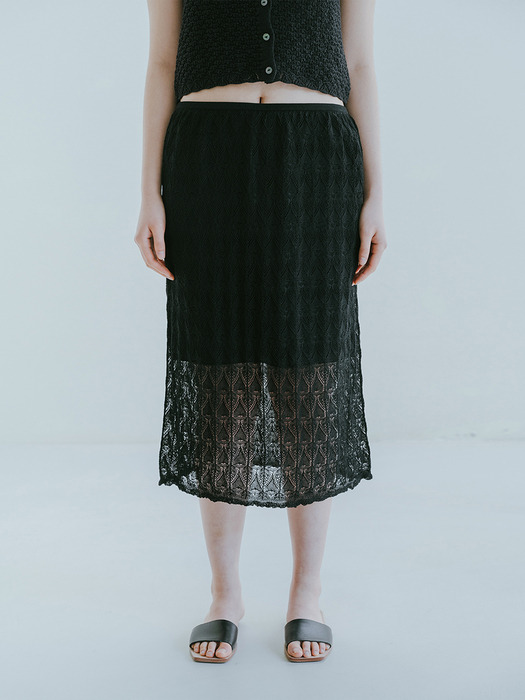 VISCOSE BLENDED LACE LAYERED SKIRT_BLACK