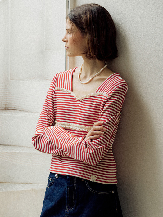 STRIPE LACE T-SHIRT - BRICK RED