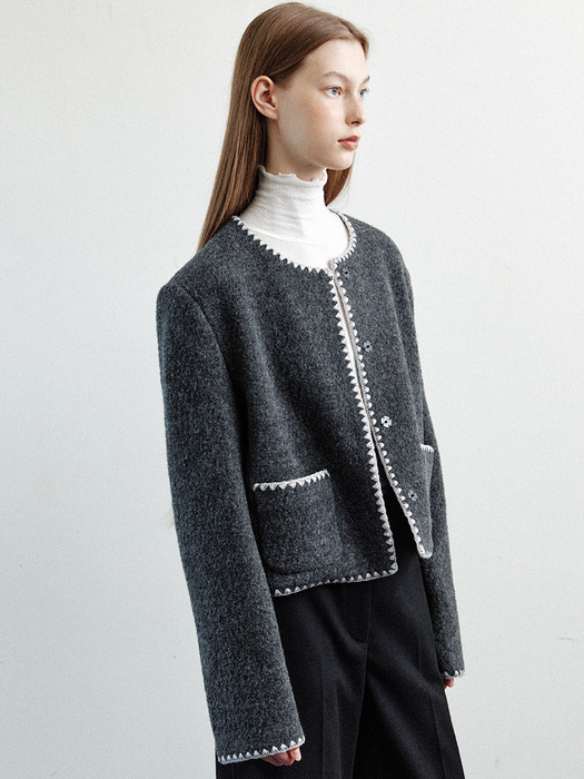 wool needlework round jacket (charcoal)