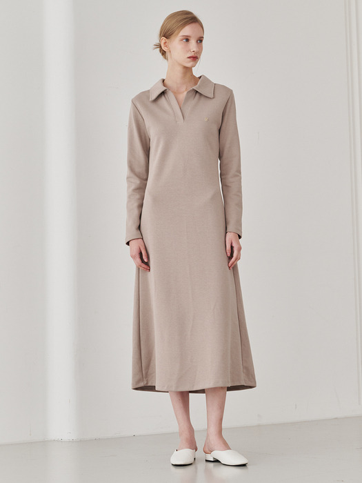 Slim Fit Collar Dress - Beige