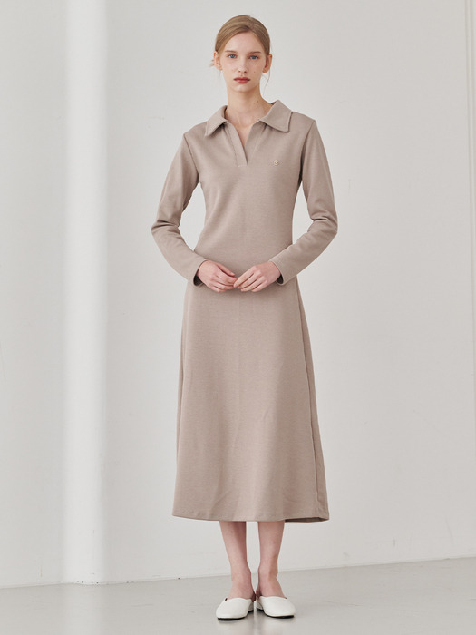 Slim Fit Collar Dress - Beige