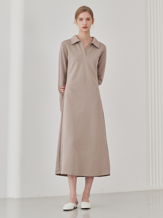 Slim Fit Collar Dress - Beige