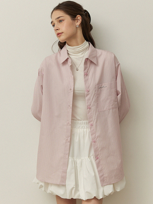 Over fit stripe ad embroidery shirts - pink