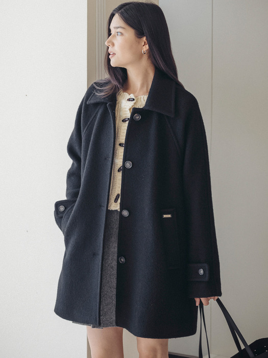 Wide collar wool blend half a-line coat_Black