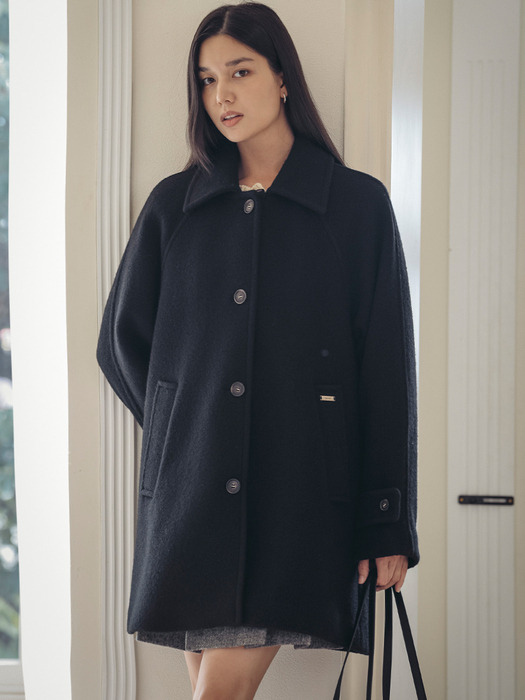 Wide collar wool blend half a-line coat_Black