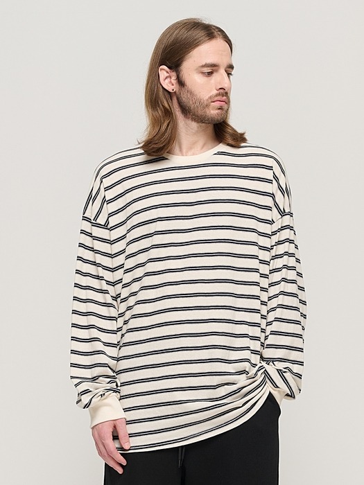 STRIPE OVER LONG SLEEVE TEE  (IVORY/NAVY)