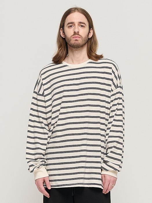 STRIPE OVER LONG SLEEVE TEE  (IVORY/NAVY)