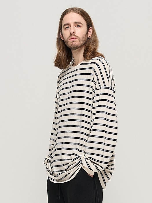 STRIPE OVER LONG SLEEVE TEE  (IVORY/NAVY)