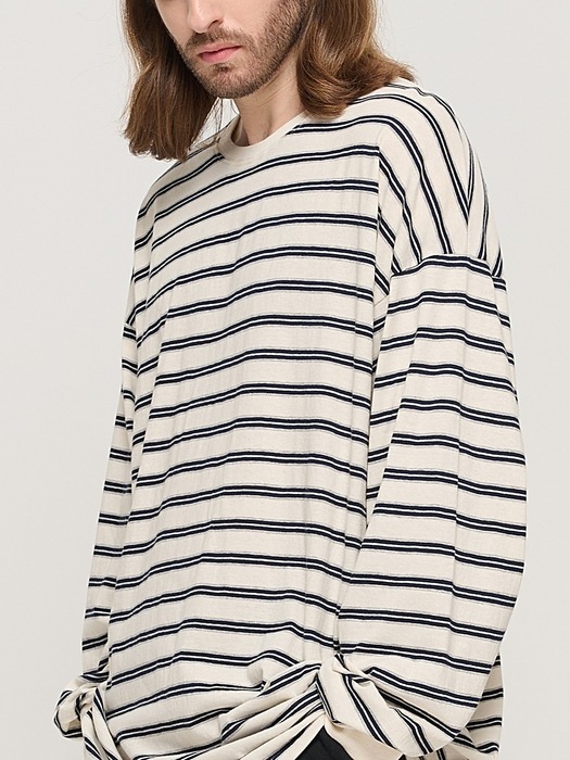 STRIPE OVER LONG SLEEVE TEE  (IVORY/NAVY)