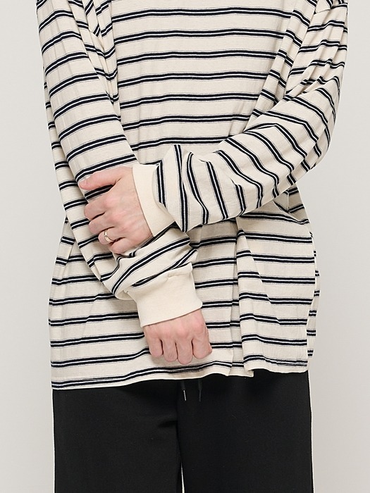 STRIPE OVER LONG SLEEVE TEE  (IVORY/NAVY)