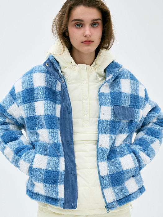 [24FW clove] Gingham Boa Fleece Jacket (Blue)