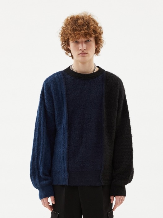 UNISEX BRUSHED CABLE OVERSZIED MOHAIR ROUNDNECK SWEATER atb343u(NAVY/BLACK)