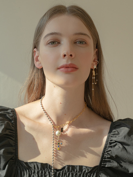 [SET]Pearl`````````````````````````drop````````````````````````` earcuff earrings+Cross mix choker necklace