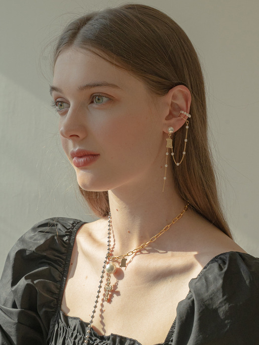 [SET]Pearl`````````````````````````drop````````````````````````` earcuff earrings+Cross mix choker necklace