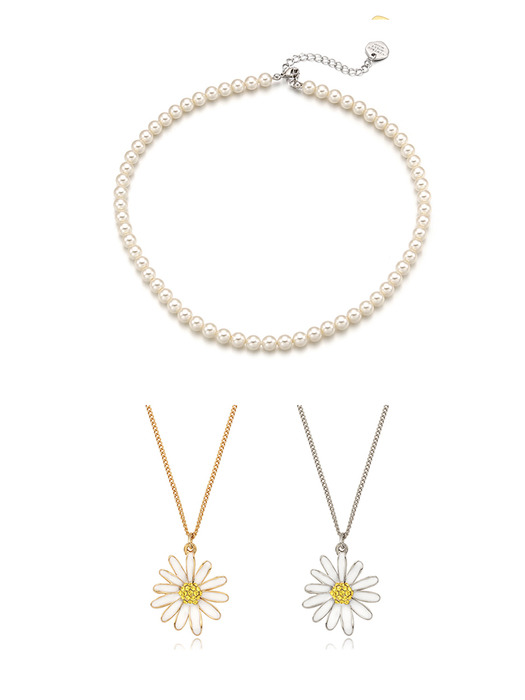 [SET]Classic Pearl Necklace+Vintage Daisy Necklace_2Color