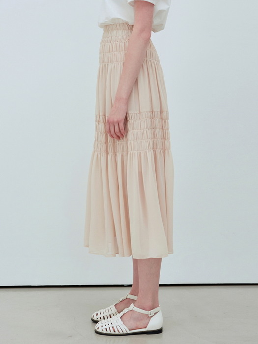 SMOCK SHIRRING LONG SKIRT_LIGHT BEIGE