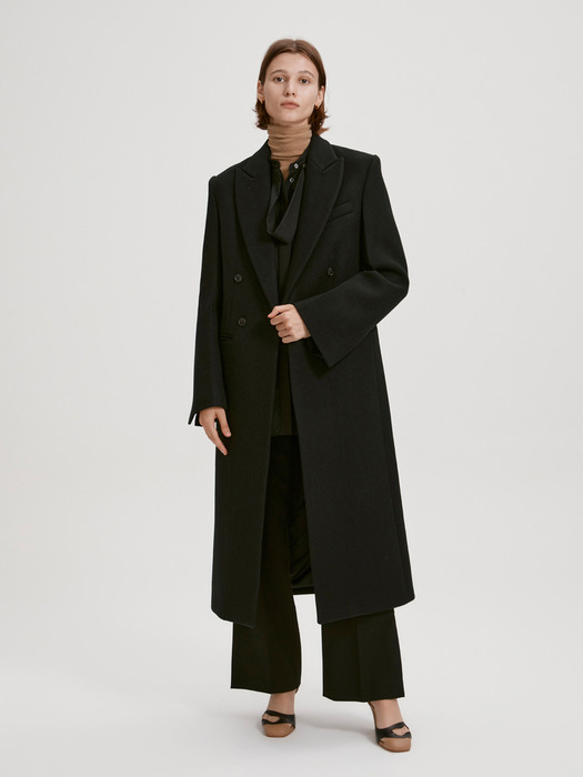 TAILORED DOUBLE BREASTED WOOL LONG COAT (BLACK)