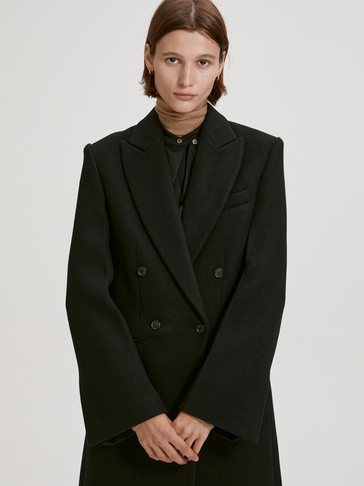 TAILORED DOUBLE BREASTED WOOL LONG COAT (BLACK)