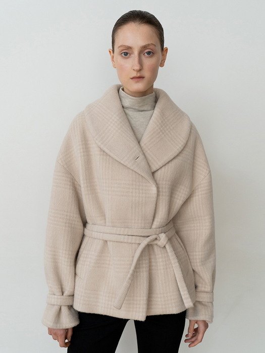 ALPACA BLEND STRAPLESS BELTED CHECKED COAT