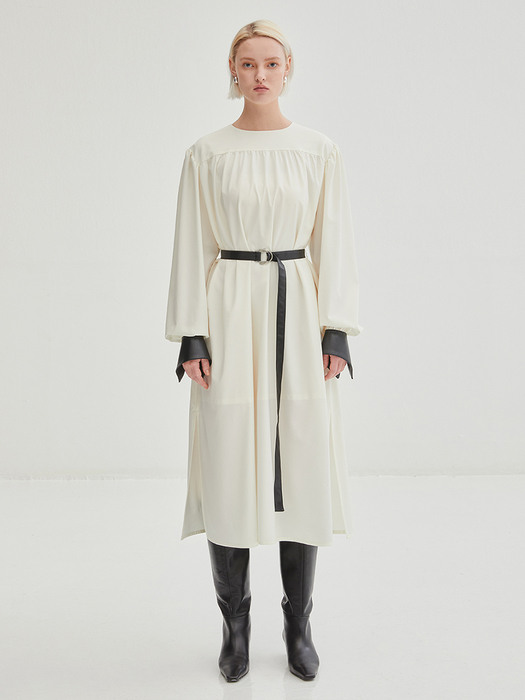 Cuff Pointed Shirring Belted Dress - Ivory