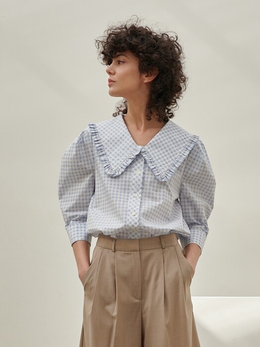 RUFFLE COLLOR PUFF BLOUSE_BLUE CHECK