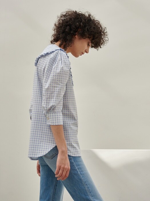 RUFFLE COLLOR PUFF BLOUSE_BLUE CHECK