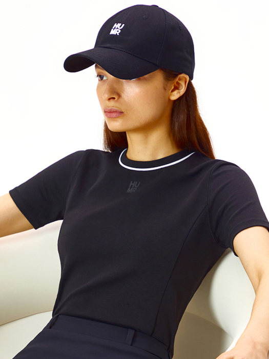 여성 라인 포인트 넥 반팔 티셔츠_BLACK