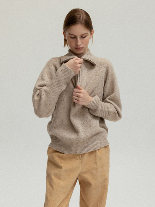 Nep wool halfneck zip-up knit (beige)