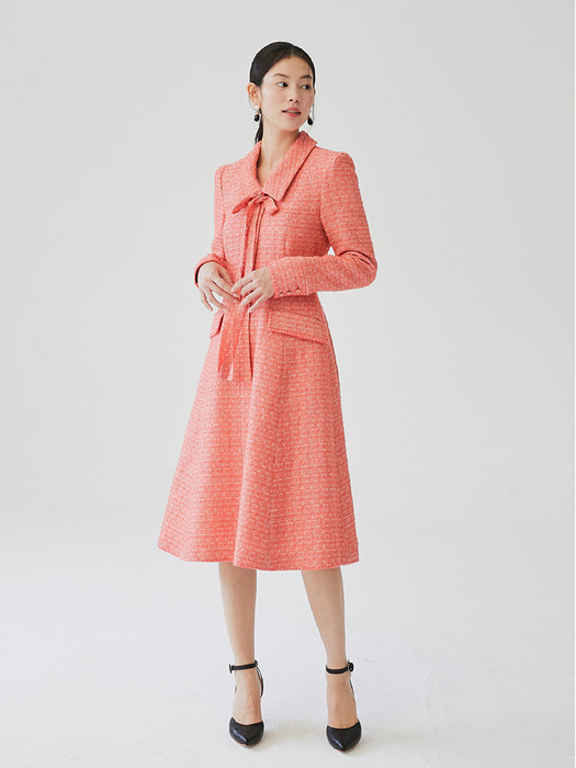 [미전시]BECKY Classic collar detail flared tweed dress (Red orange)