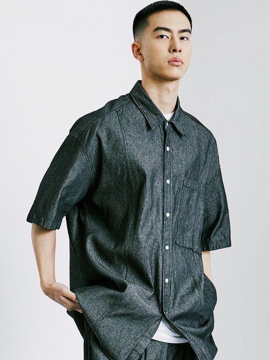 FRONT SEAM WASHED DENIM SHIRT BLACK