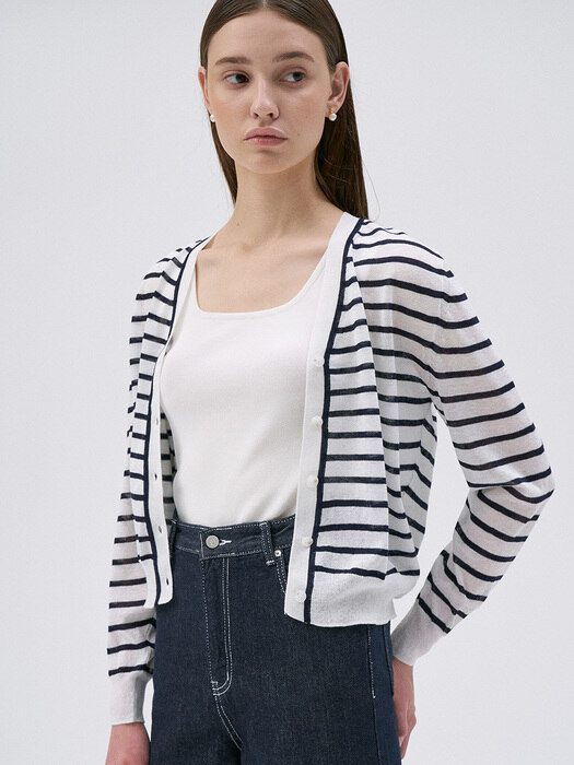 [단독]Linen Stripe Cardigan-Navy