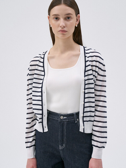 [단독]Linen Stripe Cardigan-Navy