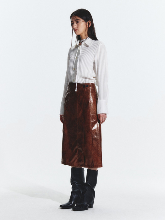 LEATHER WRAP SKIRT CRACK BROWN