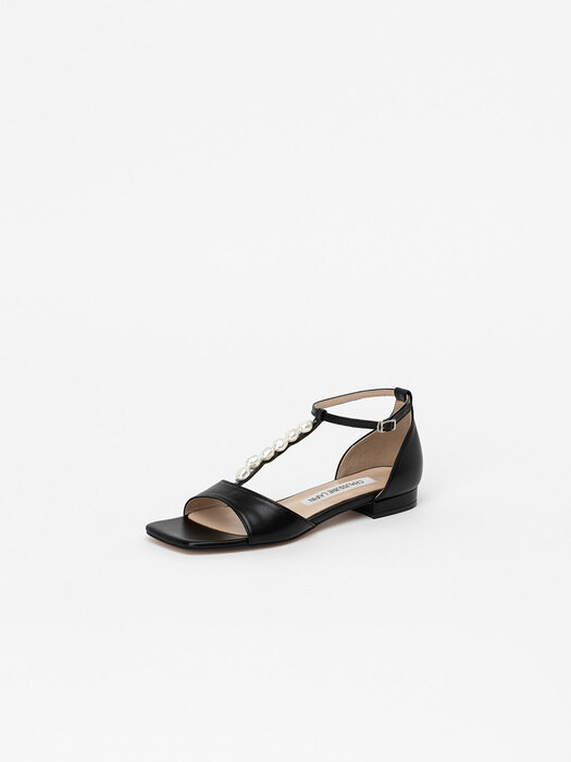 Suzette Pearl Strap Flat Sandals in Black