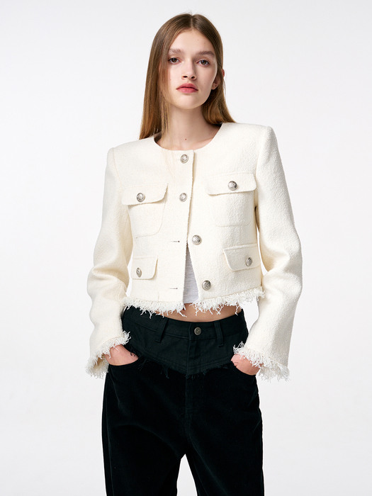 Fringe Tweed Jacket, Cream