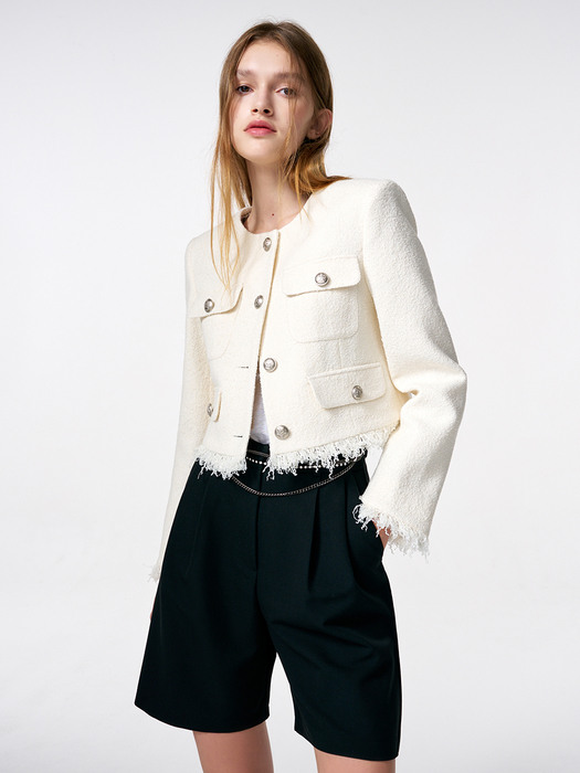 Fringe Tweed Jacket, Cream
